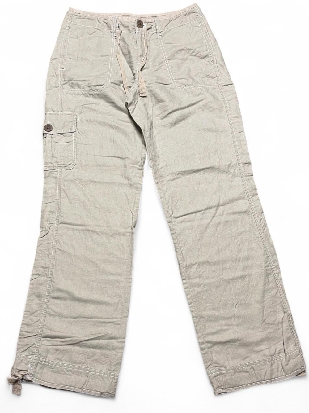 Eddie Bauer Linen Cotton Drawstring Pants Women 4 Tan Relaxed Fit Cargo Pocket